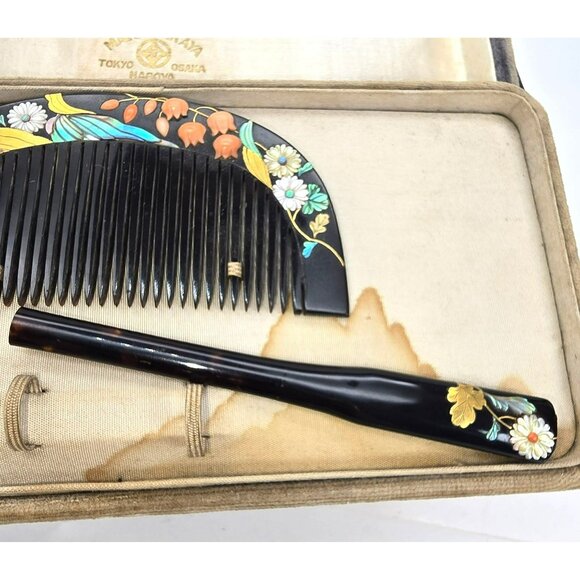 Japanese Floral Lacquer Hair Comb & Stick Set In Box Matsuzakaya Vintage JE311 - Picture 3 of 14